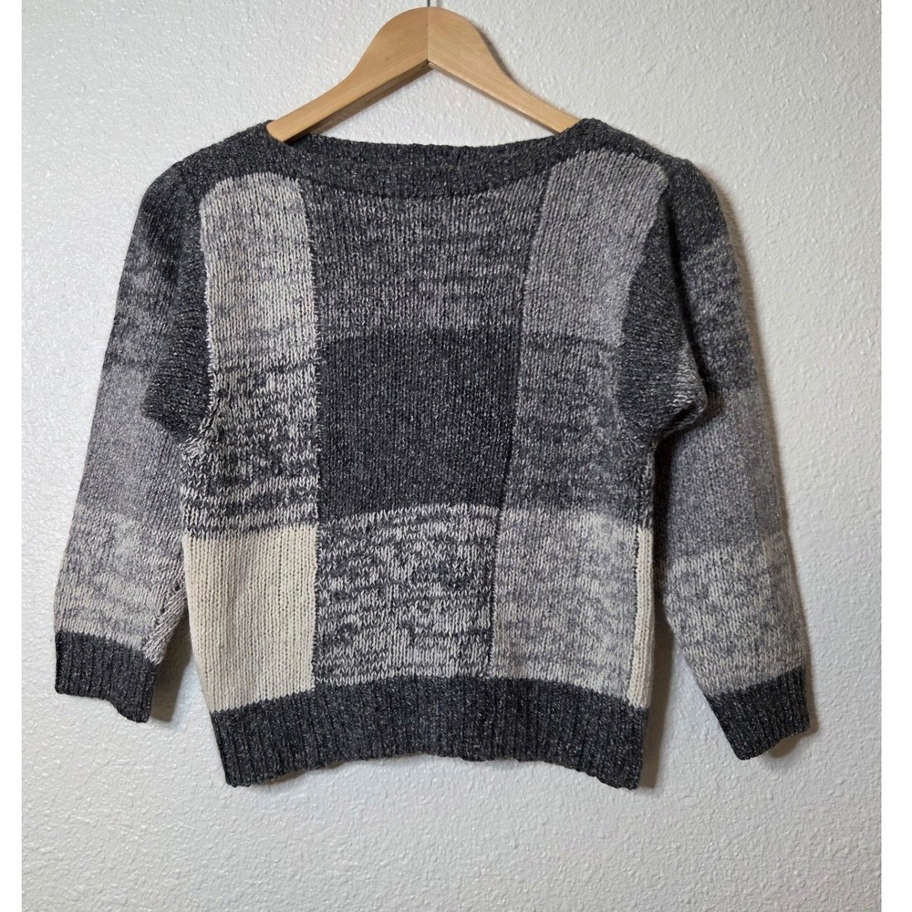 De Rotchild Patchwork Knit Cropped Sweater Silk Angora Blend Gray 3/4 Sleeve Med